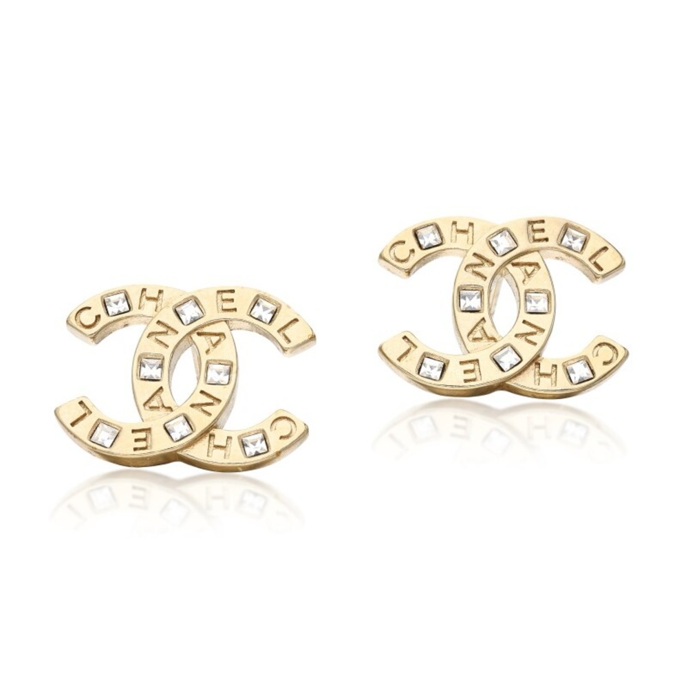 CHANEL Light Gold Metal, Strass CC Letter Logo Earrings